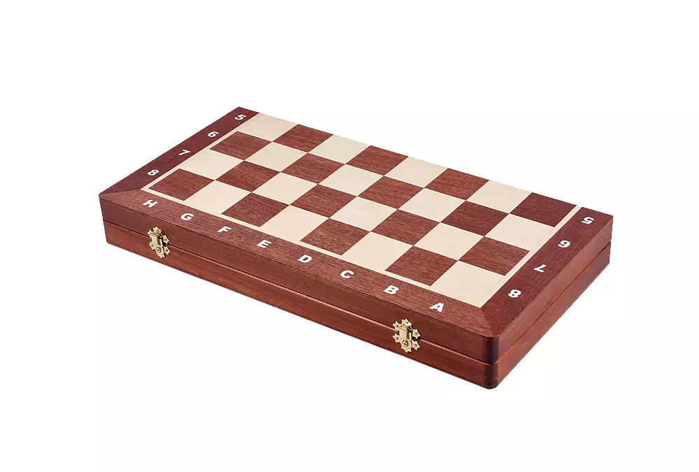 Drewniana, intarsjowana kasetka szachowa z wkładką do przechowywania figur (48 x 48 cm), pole 50 mm